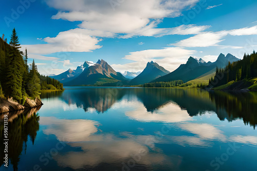 A serene lake reflecting the surrounding mountains in the early morning light