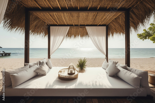 Beach lounge beds on tropical island with ocean view, elegant and luxury place to relax, concept of travel and tourism, holiday in summer © Artofinnovation