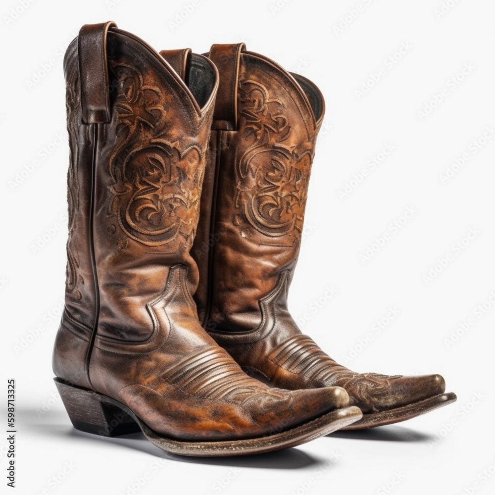 A pair of worn, authentic leather cowboy boots. generative AI
