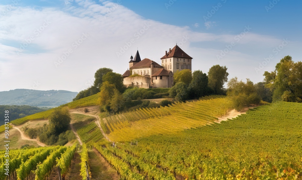  a castle on a hill with vines in the foreground.  generative ai