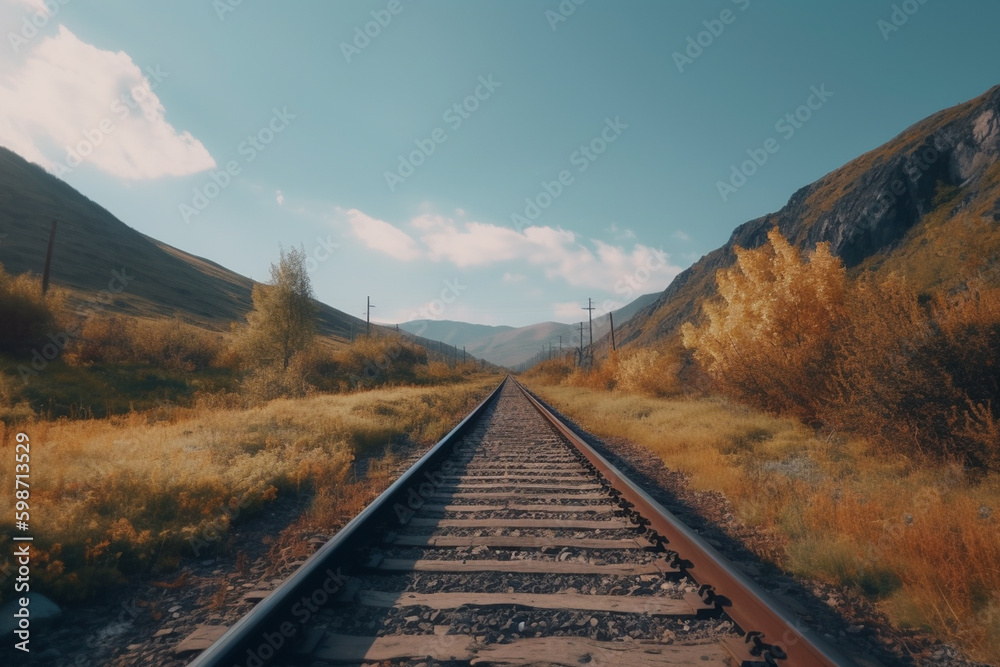 Fototapeta premium Railroad track through nature landscape, train railway for passenger or industry cargo transport