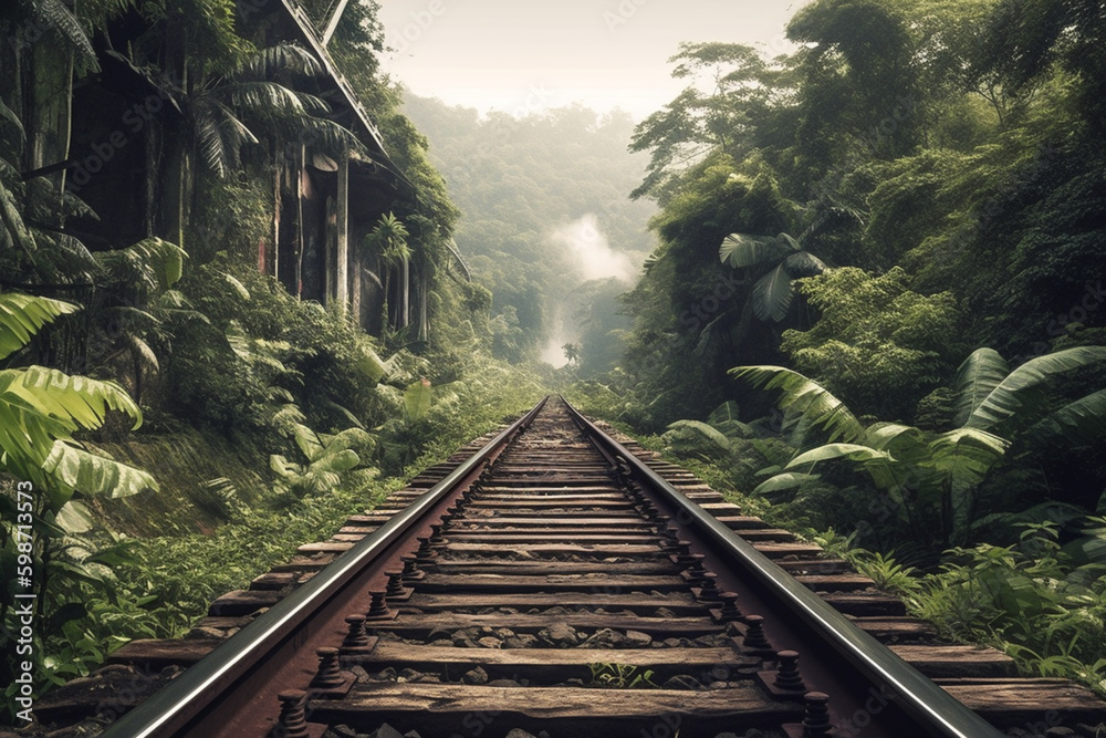 Railroad tracks through green rainforest, travel and tourism by train