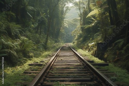 Railroad tracks through green rainforest, travel and tourism by train