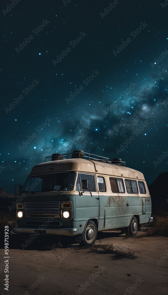 Vintage van on a desert landscape at night against the background of a starry sky, generated AI
