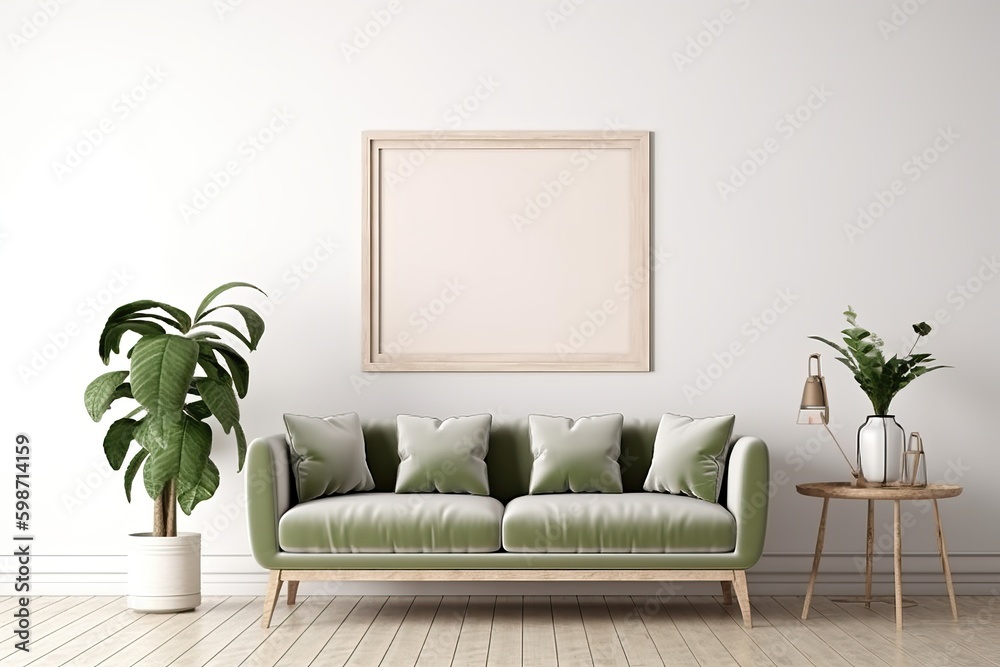 Horizontal wooden frame mockup in living room interior with green olive velvet couch, slat side table and plants on empty white wall background. 3d rendering