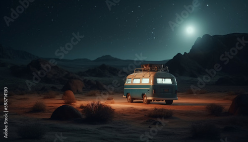 Vintage van on a desert landscape at night against the background of a starry sky and moon, generated AI