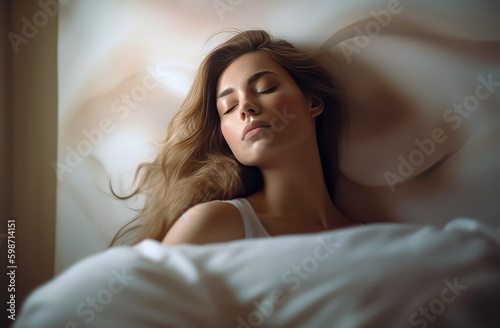 Young woman sleeping in the bed with her eyes closed, white sheets, and pillows, healthy sleep. Generative Ai. 