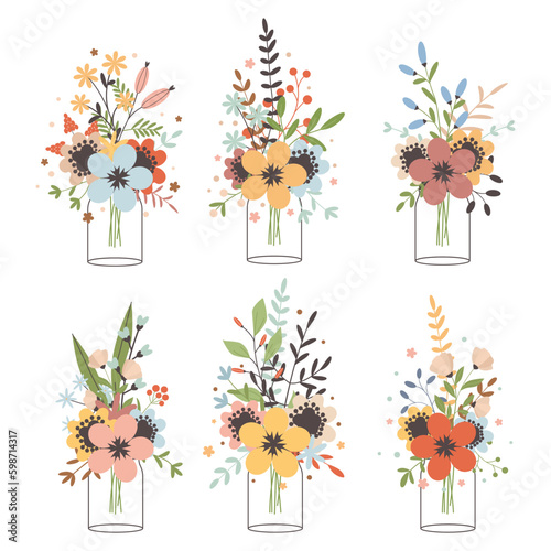 Glass jar with a bouquet of spring flowers set. Cute simple vintage style.