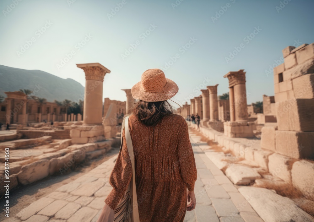 Fototapeta premium Back view of a Woman with trendy summer hat walking in an Ancient City. Generative AI.