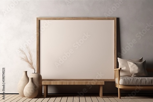 Horizontal wooden frame mockup with warm neutral wabi-sabi interior on concrete wall background. 3d rendering