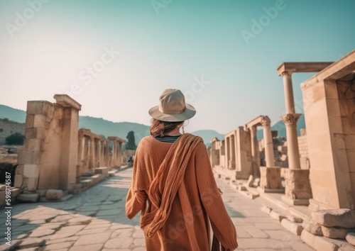 Back view of a Woman walking and exploring the Historic Architecture of an Ancient City. Generative AI.