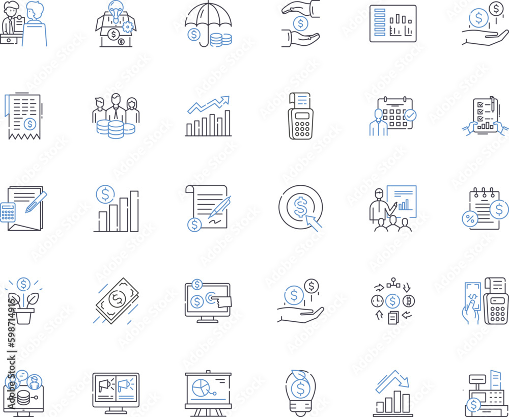 Economic management line icons collection. Budgeting, Forecasting, Accounting, Investment, Inflation, Taxation, Policy vector and linear illustration. Finance,Planning,Analysis outline Generative AI