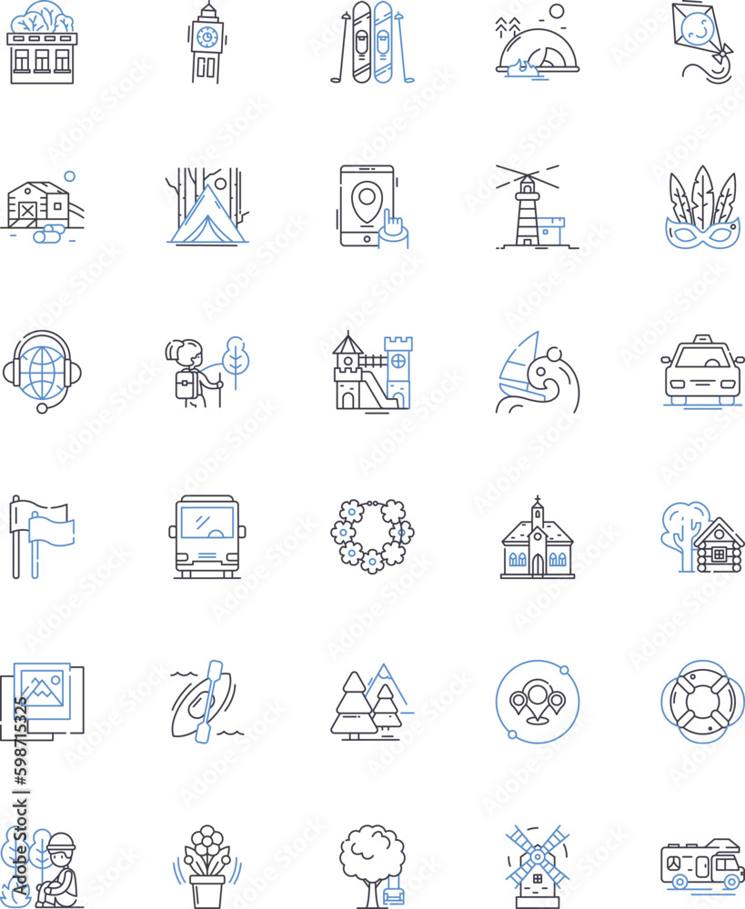 Earth adventure line icons collection. Exploration, Discovery, Journey, Trek, Safari, Expedition, Roadtrip vector and linear illustration. Quest,Escapade,Odyssey outline signs set Generative AI