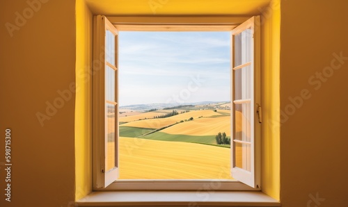 an open window with a view of a field of crops.  generative ai