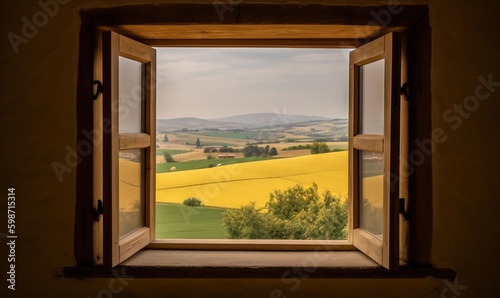  an open window with a view of a field of yellow flowers.  generative ai