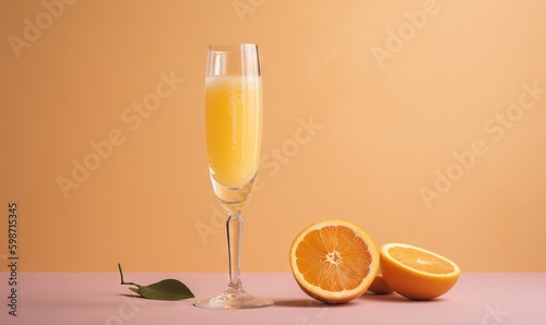  a glass of orange juice next to an orange slice on a table.  generative ai