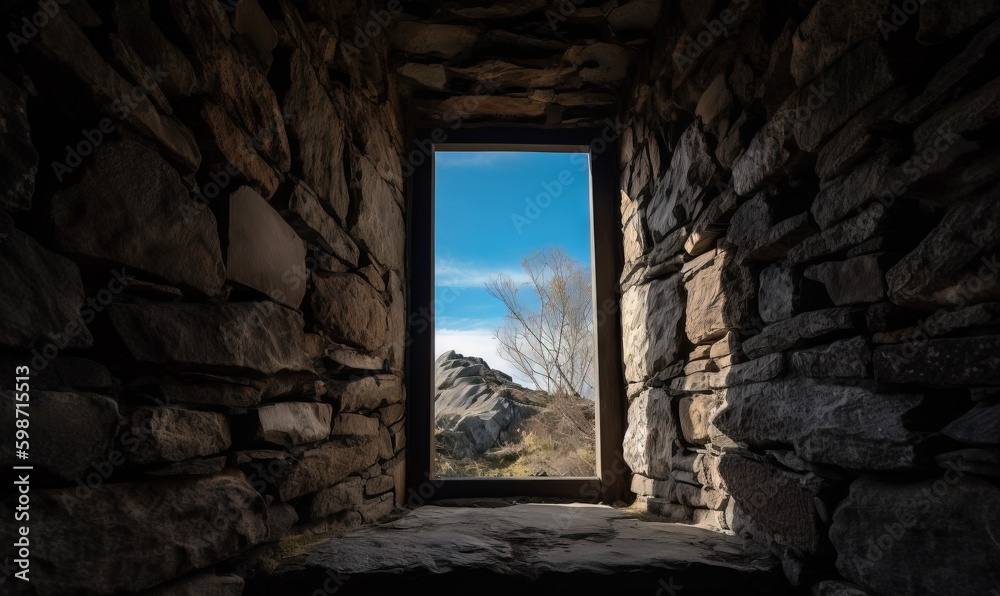  a window in a stone wall with a view of mountains.  generative ai