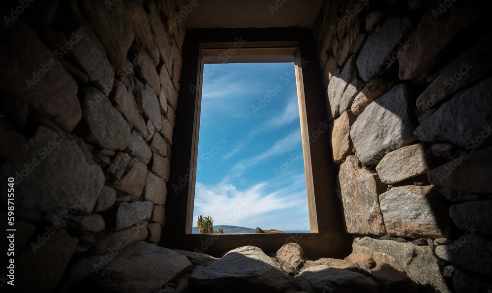  a window in a stone wall with a view of the sky.  generative ai