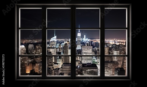  a window with a view of a city at night from the top of a building.  generative ai