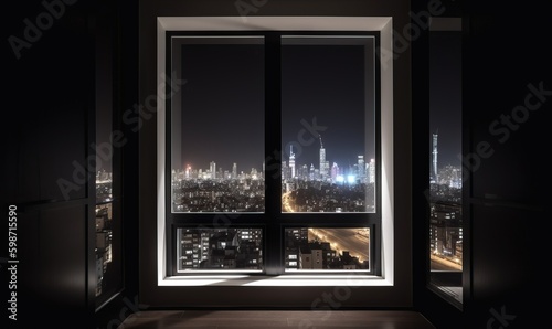  a window with a view of a city at night time.  generative ai
