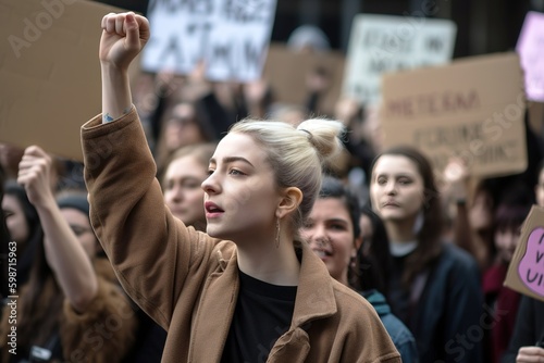 Young woman with her fist rising up furiously during feminist protest in the streets. Generative AI