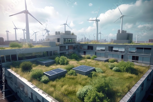 Green roofs in eco buildings with solar panels and wind turbines. Generative AI illustration