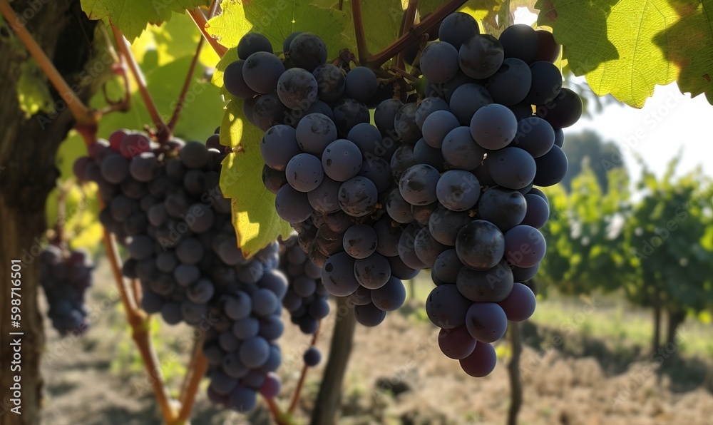  a bunch of grapes hanging from a vine in a vineyard.  generative ai