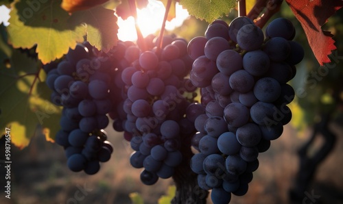  a bunch of grapes hanging from a vine in a vineyard. generative ai