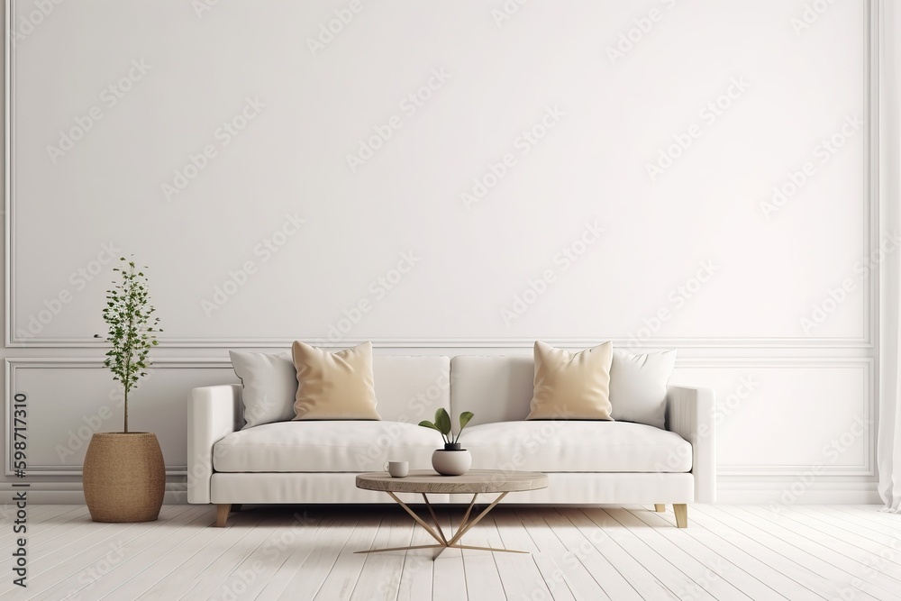 Interior wall mockup with sofa and beige pillows on empty white living room background. 3D rendering Interior wall mockup with sofa and beige pillows on empty white living room background. 3D rendering