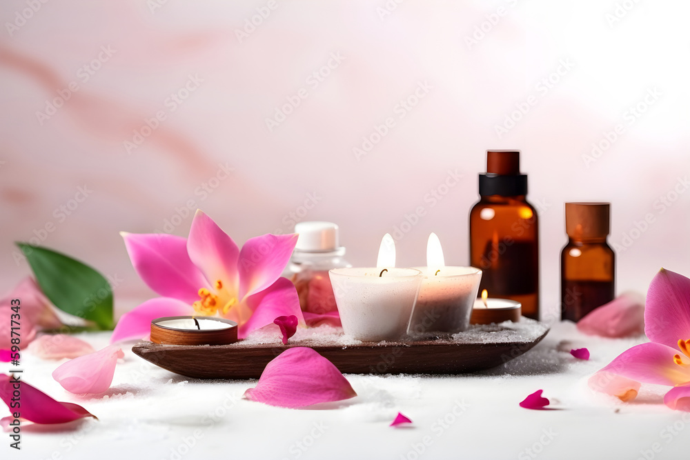 Beautiful spa composition on pink background. Natural skincare cosmetic products. AI generated