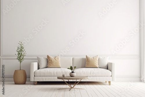 Interior wall mockup with sofa and beige pillows on empty white living room background. 3D rendering © Eli Berr