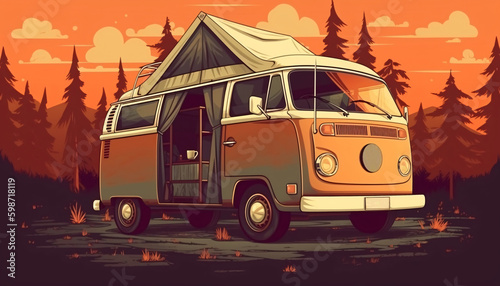 Vintage van for camping and travel in the background of a mountain landscape on sunset, AI generated © perfectlab