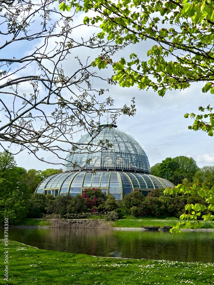 Laeken, April 2023 : Visit of the Belgian Royal Greenhouses - View on the magnificent architecture of Alphonse Balat