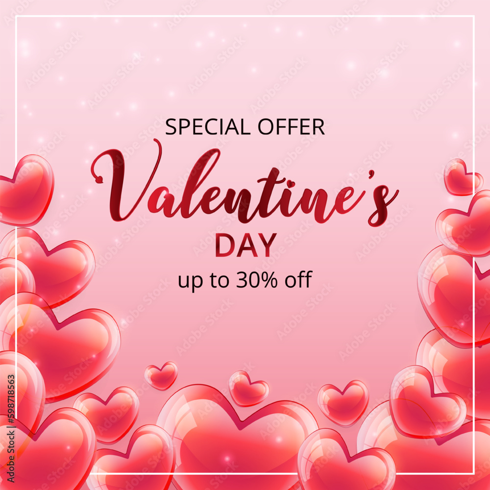 Valentine's Day special offer 30% off poster or banner with many glass hearts on pink background.