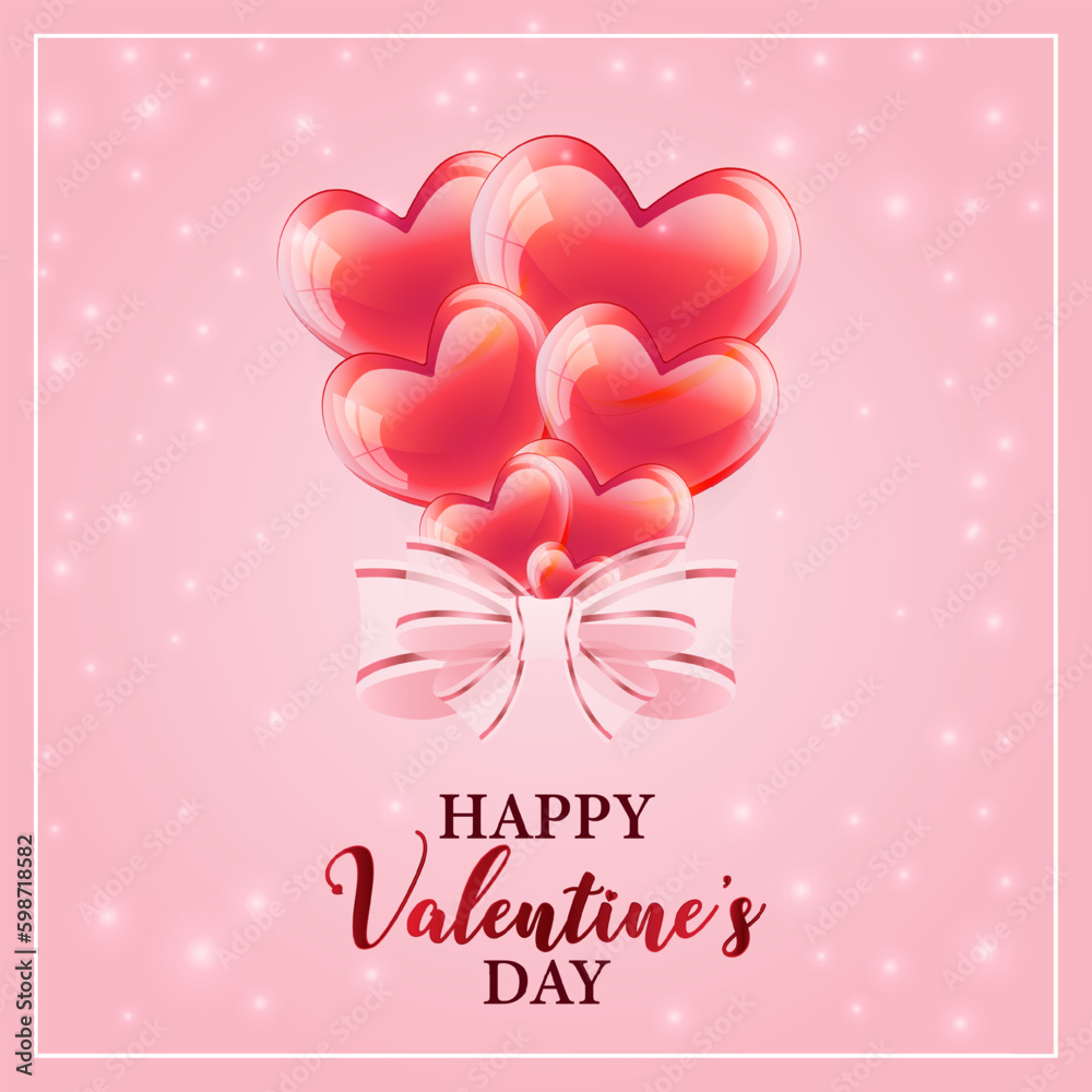Valentine's Day postcard template with heart shaped balloons and bow.