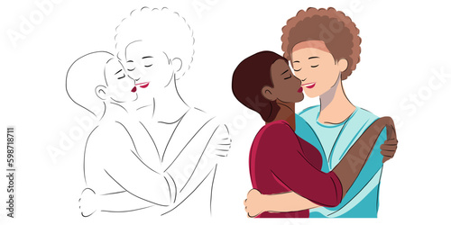 Lesbian couple flat design illustration. Portrait of two beautiful girls in an intimate abstraction. Interacial women with romantic same sex partner are flirting, hugging, kissing. LGBTQ relationship