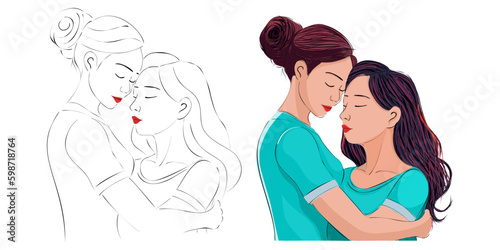 Lesbian couple flat design illustration. Portrait of two beautiful girls in an intimate abstraction. Interacial women with romantic same sex partner are flirting, hugging, kissing. LGBTQ relationship