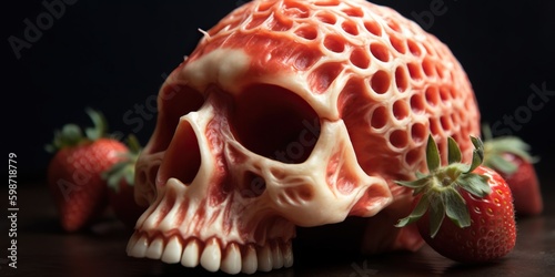 Scull made of strawberry, concept of Food art, created with Generative AI technology Generative AI