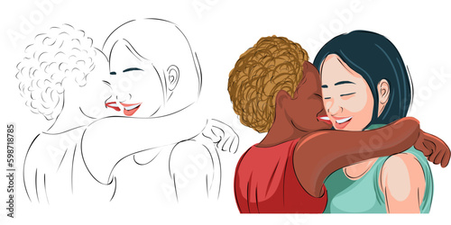 Lesbian couple flat design illustration. Portrait of two beautiful girls in an intimate abstraction. Interacial women with romantic same sex partner are flirting, hugging, kissing. LGBTQ relationship