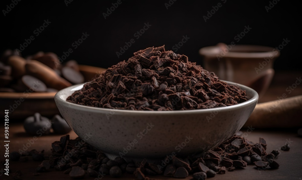  a bowl filled with chocolate chips on top of a table.  generative ai