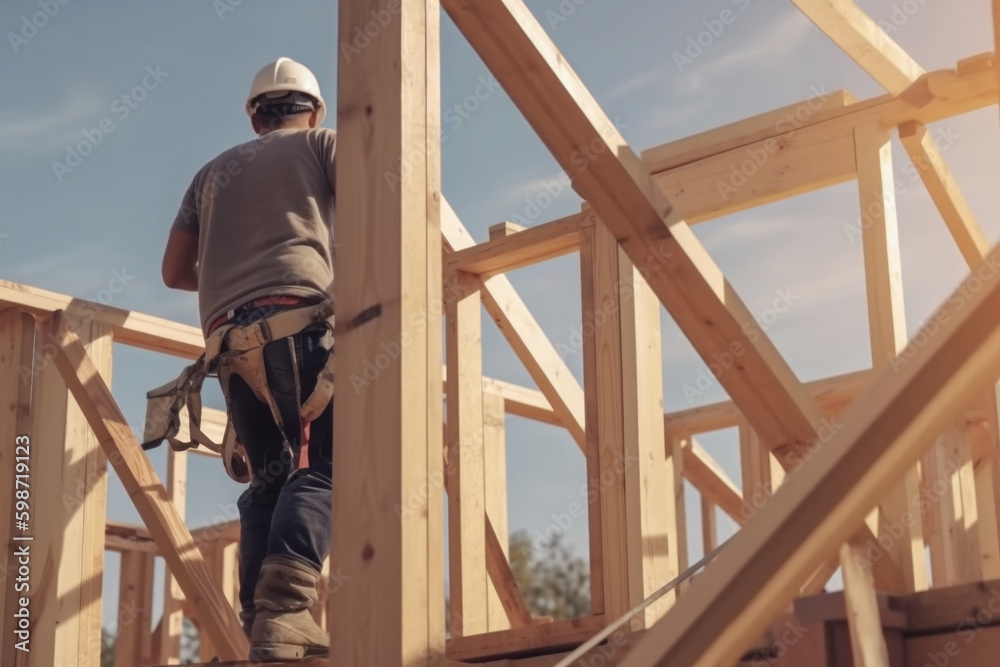 New house under construction. Builder worker at construction site with wooden frame with truss, post and beams. Manufacture of houses made of wood. Created with Generative AI