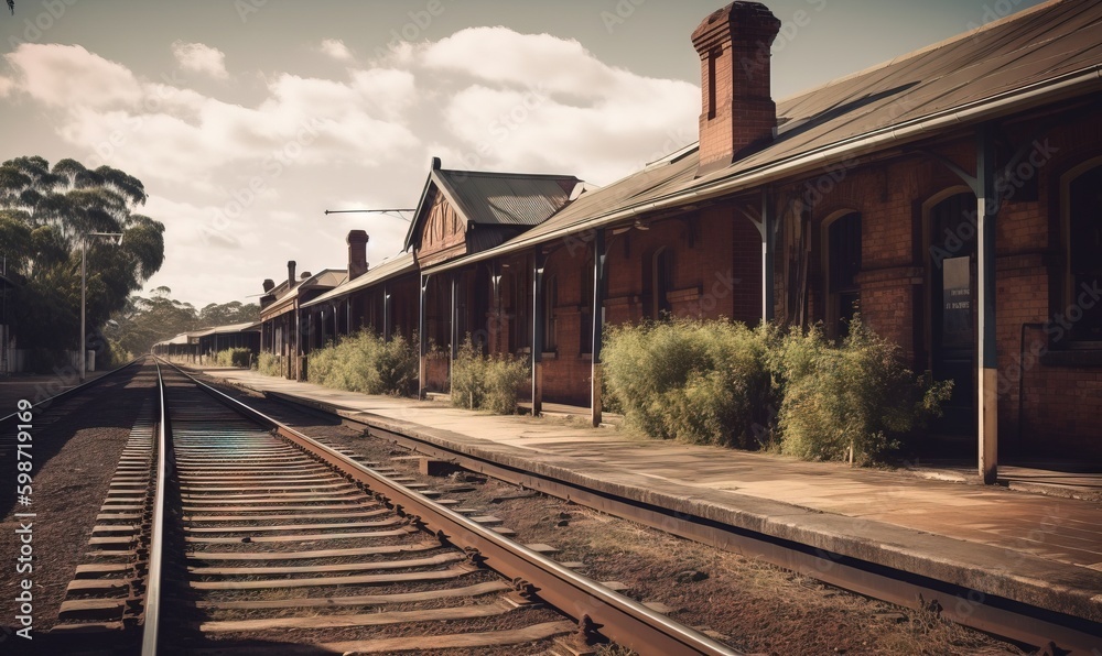 Fototapeta premium a train station with a train on the tracks next to it. generative ai