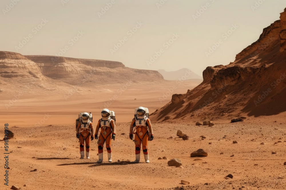 Astronauts wearing space suits walking on red planet. Martian colony. Mars colonization. Created with Generative AI