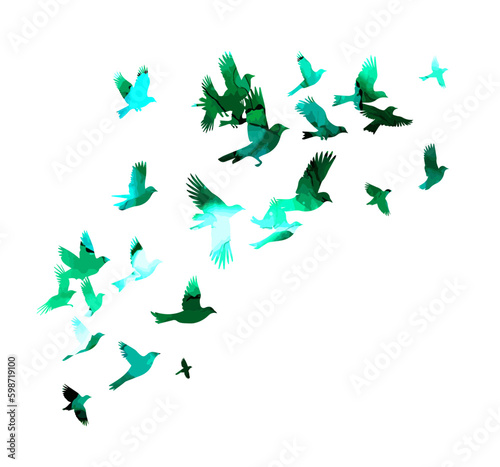 A flock of green watercolor flying birds. Vector illustration