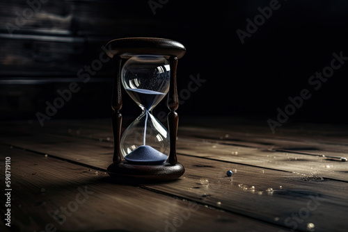 Hourglass on dark background. Sand particles flowing through glass bulbs of sandglass. Time is running out. Created with Generative AI