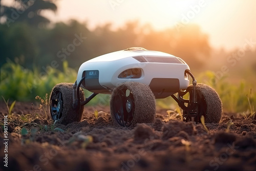 Unmanned automatic robot working in agricultural field. Smart futuristic technologies in agriculture. Created with Generative AI