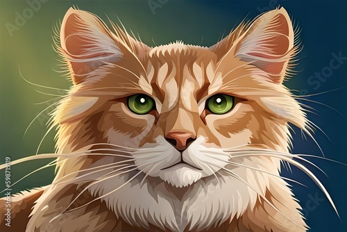 illustration of a cat, close up portrait of a cat, furry animal, orange fur, green eyes, AIgenerated