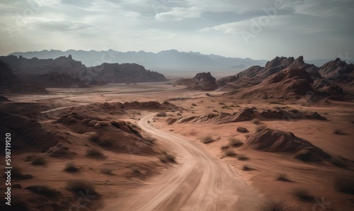  a dirt road in the middle of a desert with mountains in the background.  generative ai © Olga