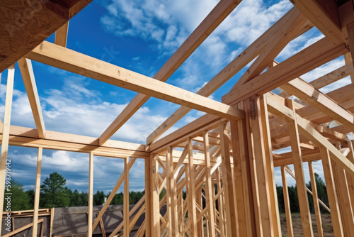 New house under construction. Wooden frame with truss, post and beams. Manufacture of houses made of wood. Created with Generative AI