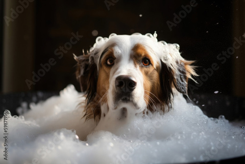 Cute dog showering in bath with shampoo foam. Washing pet. Created with Generative AI © Lazy_Bear